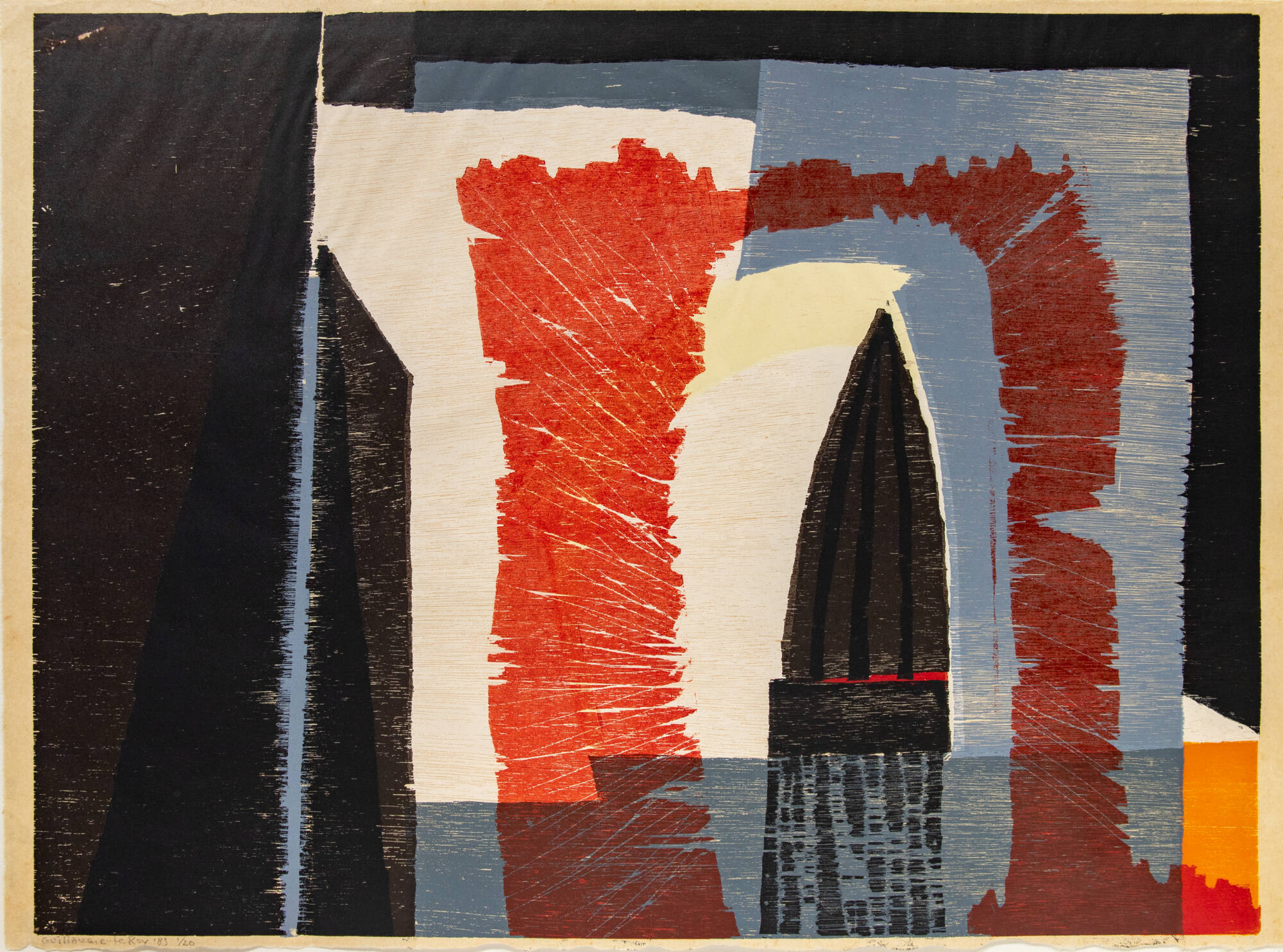 Abstract print with a white and red arch like shape on a black background. One small area of orange bottom right.